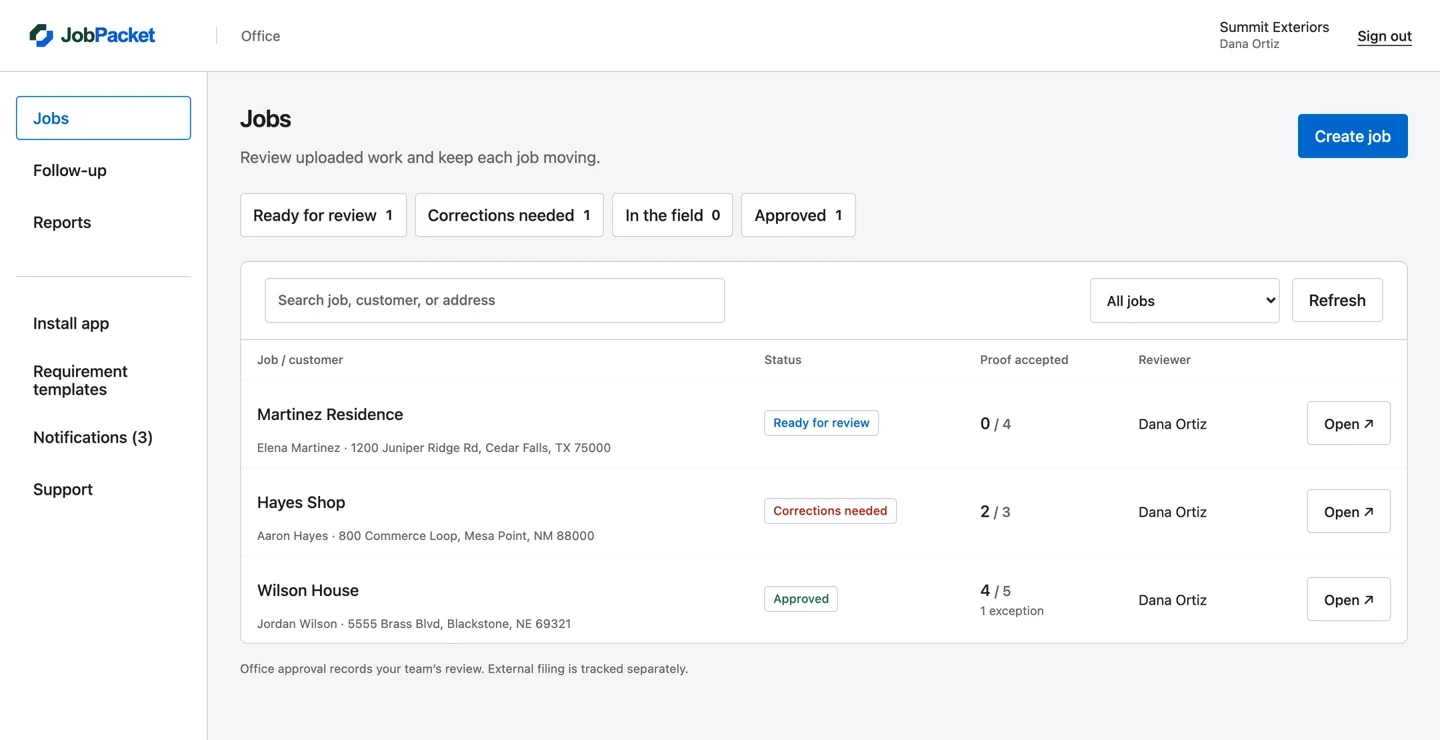 JobPacket office dashboard with job status, review filters and proof information