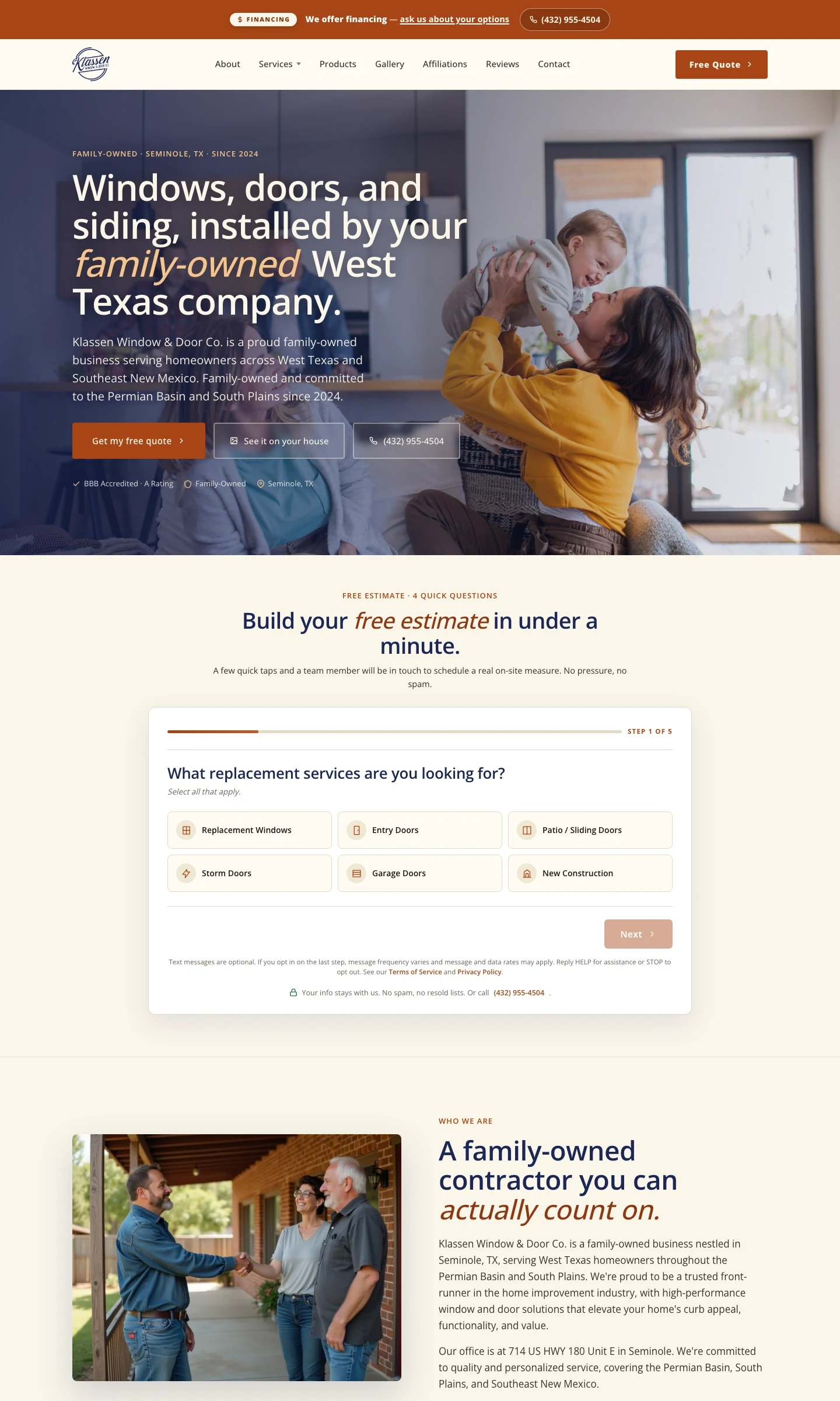 Klassen Window & Door Co. desktop website, section 1 of 4