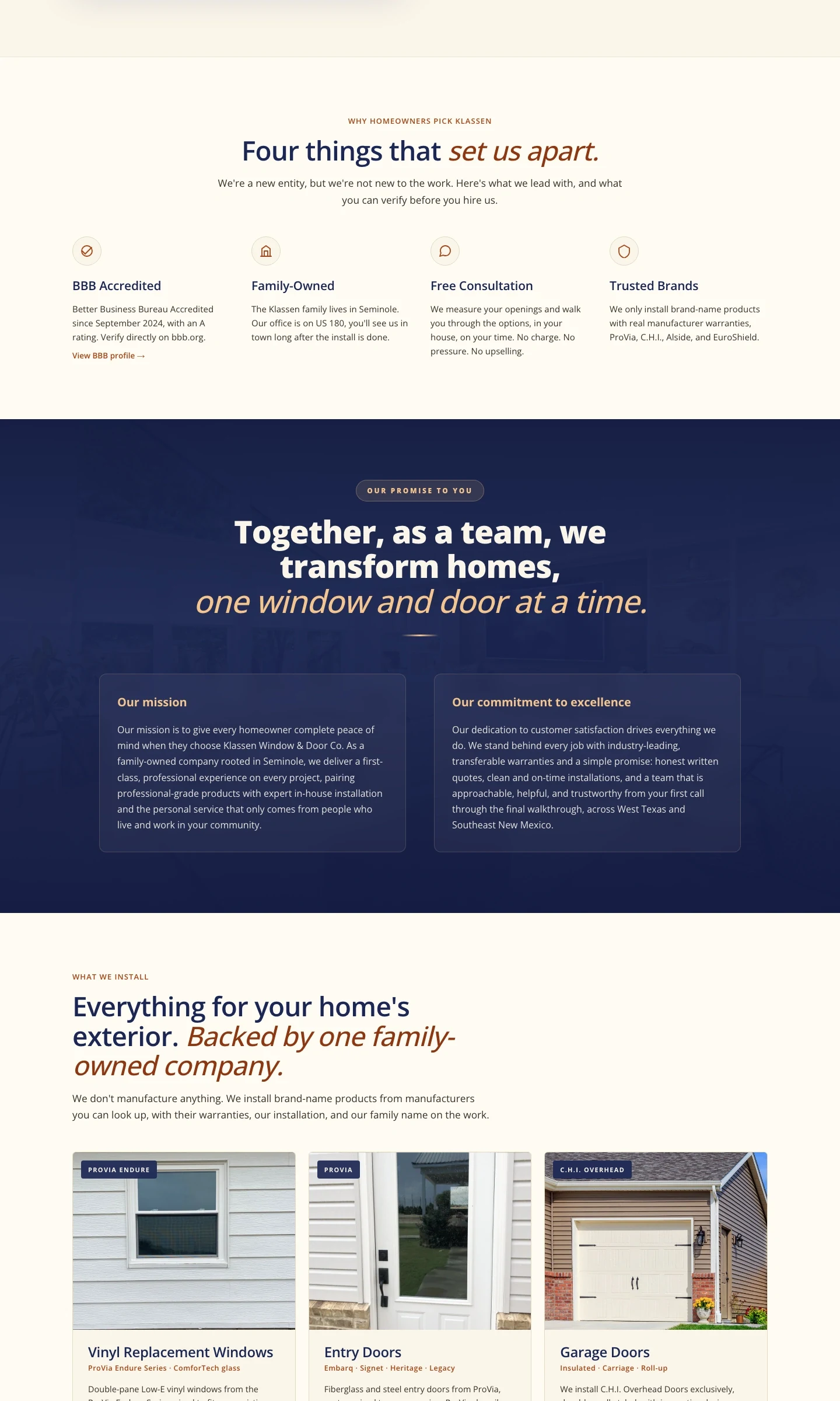 Klassen Window & Door Co. desktop website, section 2 of 4