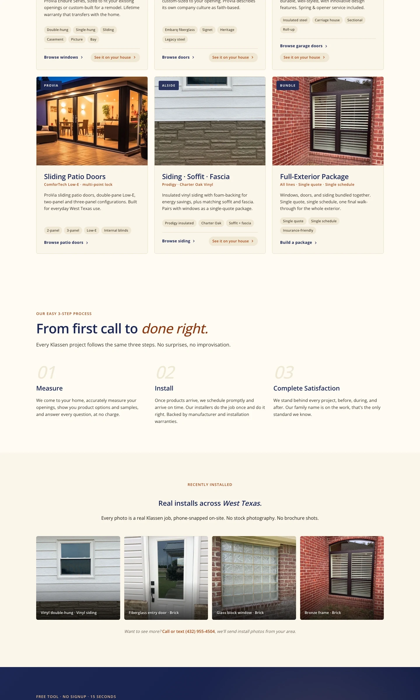 Klassen Window & Door Co. desktop website, section 3 of 4