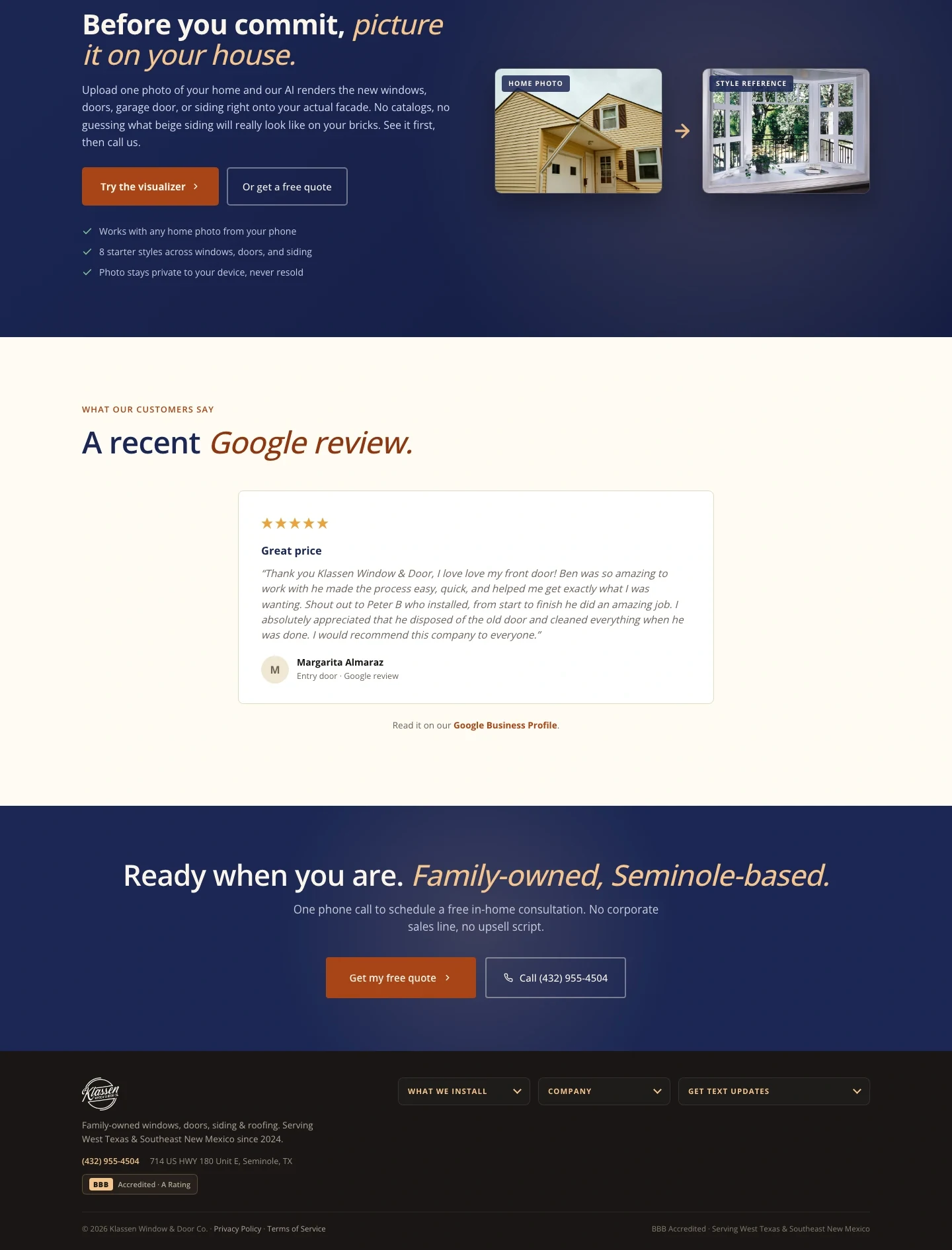 Klassen Window & Door Co. desktop website, section 4 of 4