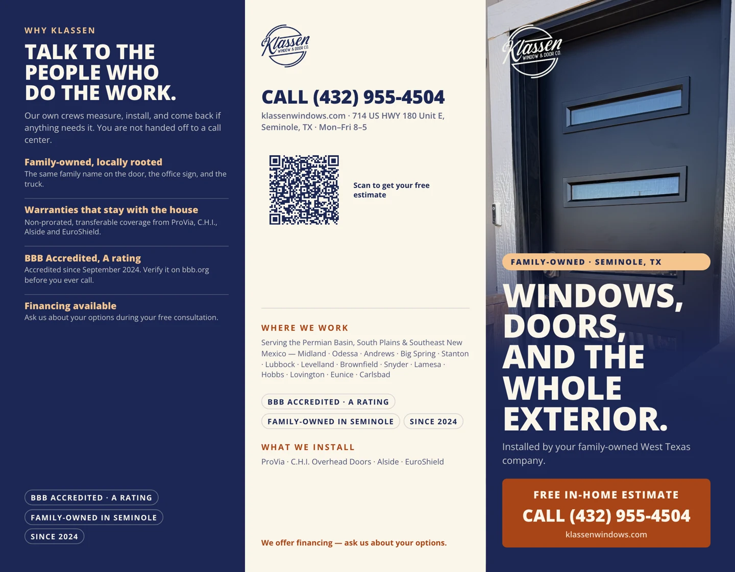 Klassen Window and Door Co. tri-fold brochure outside spread in navy and cream with entry-door photography
